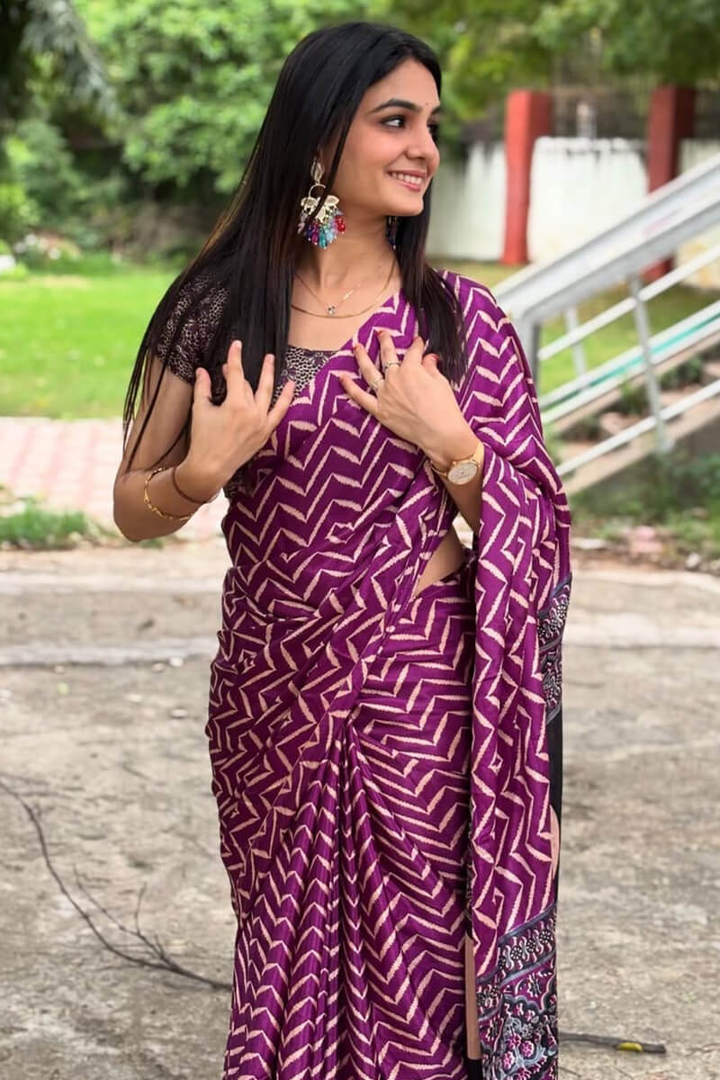 Sensational Purple 1 Minute Ready To Wear Digital Printed Crape Silk Saree