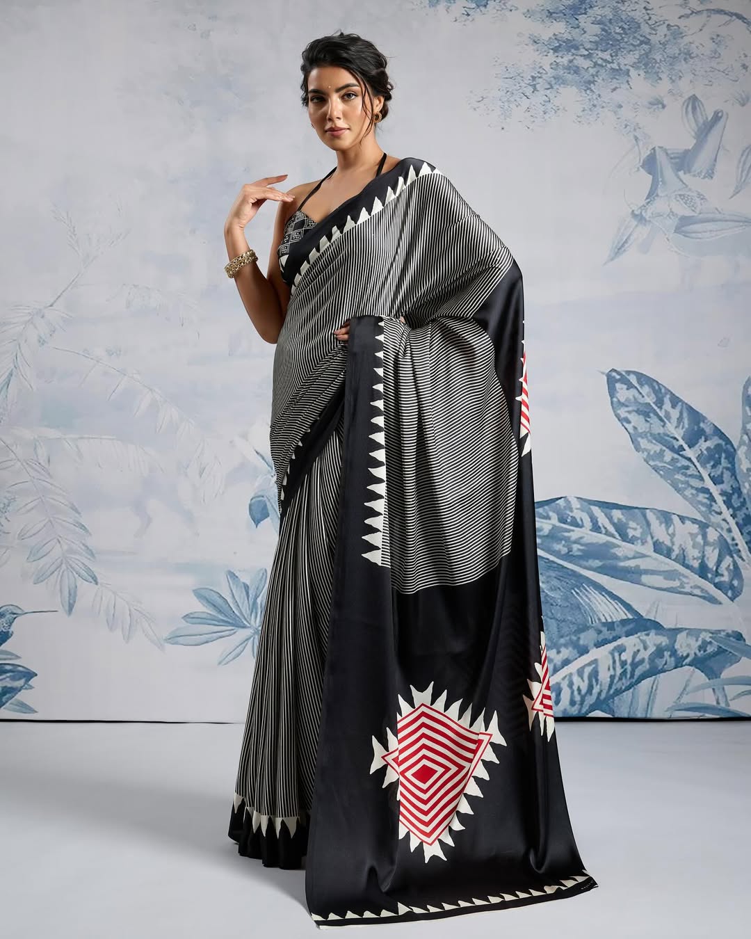 Susurrous Black 1 Minute Ready To Wear Digital Printed Crape Silk Saree