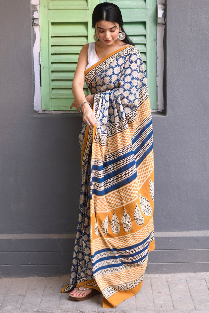 Delectable 1 Minute Ready To Wear Blue Mul Cotton Digital Printed Saree With Pocket