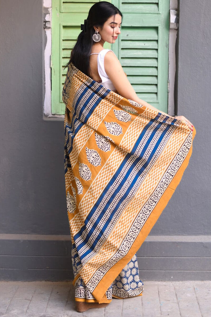 Delectable 1 Minute Ready To Wear Blue Mul Cotton Digital Printed Saree With Pocket