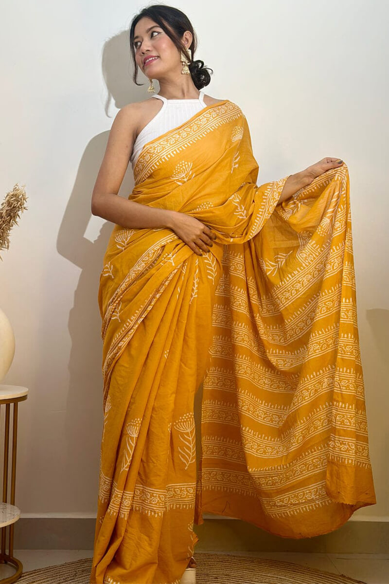 Twirling 1 Minute Ready To Wear Yellow Mul Cotton Digital Printed Saree With Pocket