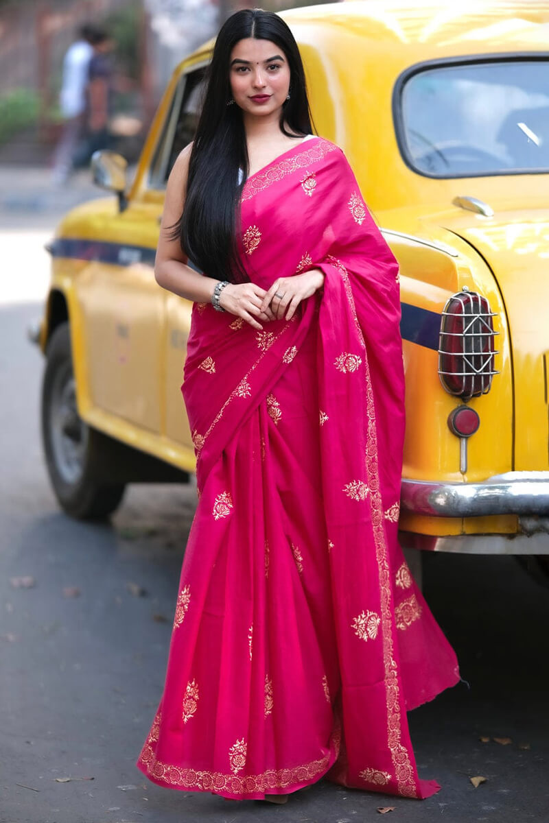 Vivacious 1 Minute Ready To Wear Dark Pink Mul Cotton Digital Printed Saree With Pocket