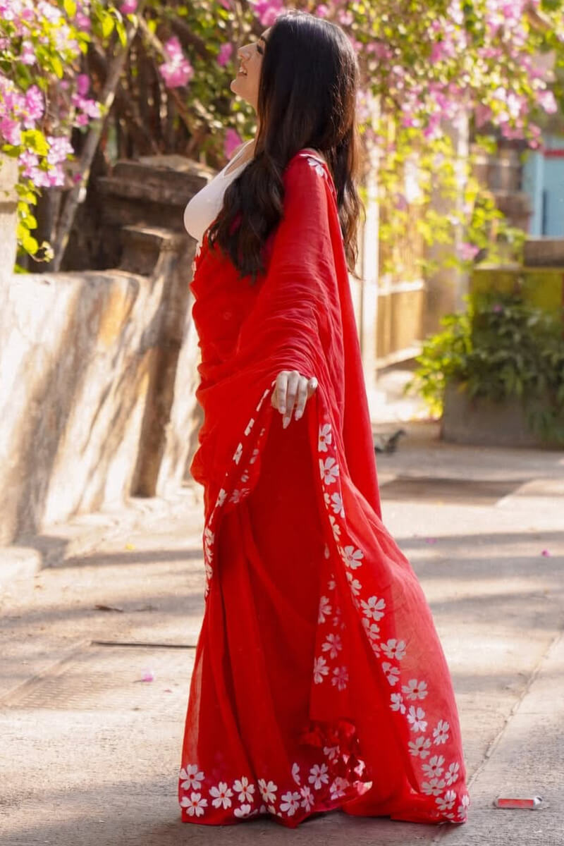 Elegant 1 Minute Ready To Wear Red Mul Cotton Digital Printed Saree With Pocket