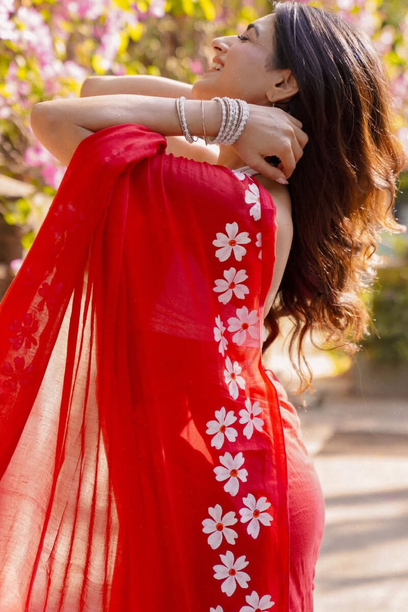 Elegant 1 Minute Ready To Wear Red Mul Cotton Digital Printed Saree With Pocket