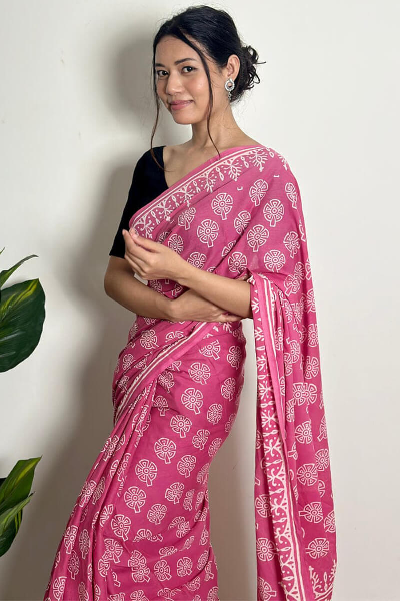 Impressive 1 Minute Ready To Wear Pink Mul Cotton Digital Printed Saree With Pocket