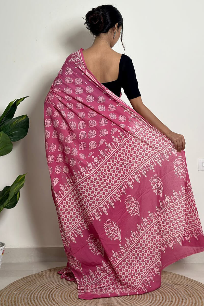 Impressive 1 Minute Ready To Wear Pink Mul Cotton Digital Printed Saree With Pocket