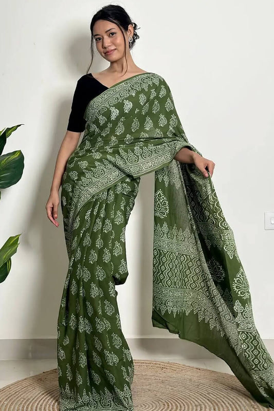 Glamorous 1 Minute Ready To Wear Dark Green Mul Cotton Digital Printed Saree With Pocket