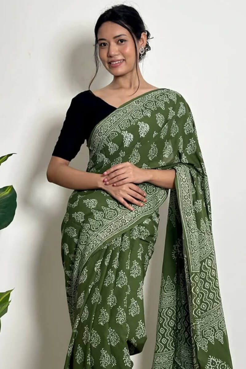 Glamorous 1 Minute Ready To Wear Dark Green Mul Cotton Digital Printed Saree With Pocket