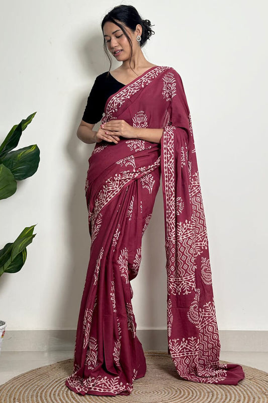 Snazzy 1 Minute Ready To Wear Wine Mul Cotton Digital Printed Saree With Pocket