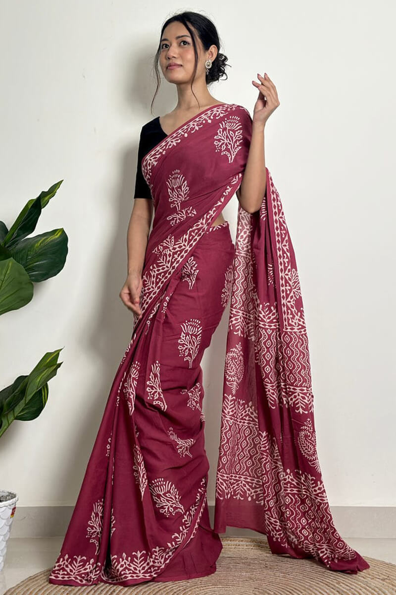Snazzy 1 Minute Ready To Wear Wine Mul Cotton Digital Printed Saree With Pocket
