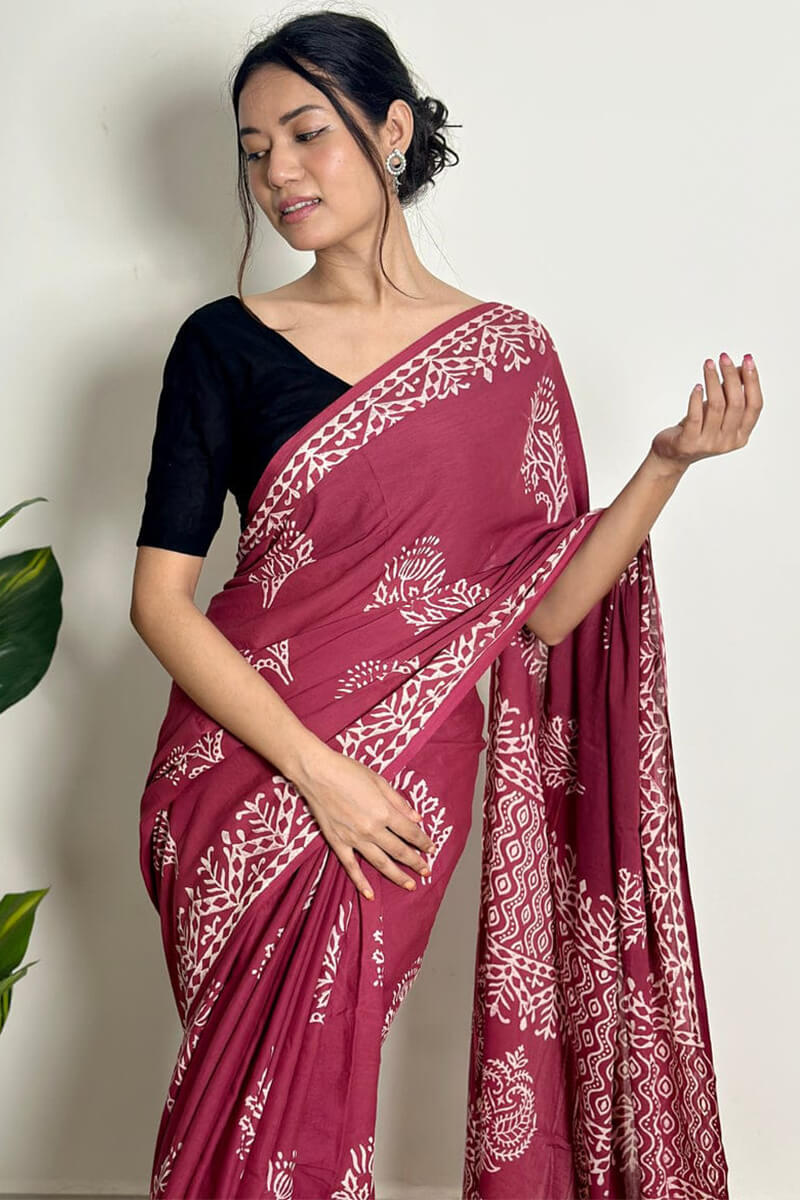 Snazzy 1 Minute Ready To Wear Wine Mul Cotton Digital Printed Saree With Pocket