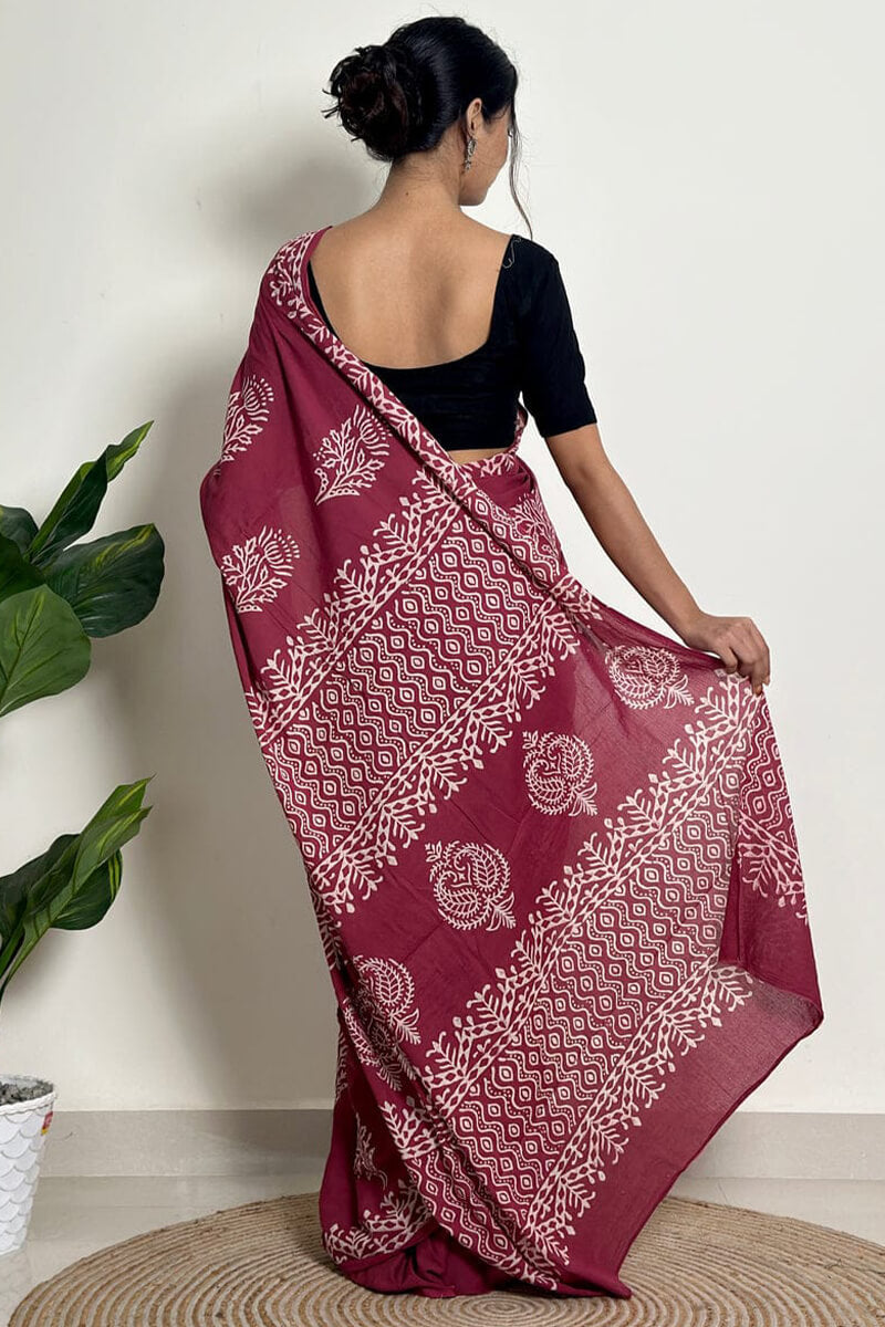 Snazzy 1 Minute Ready To Wear Wine Mul Cotton Digital Printed Saree With Pocket