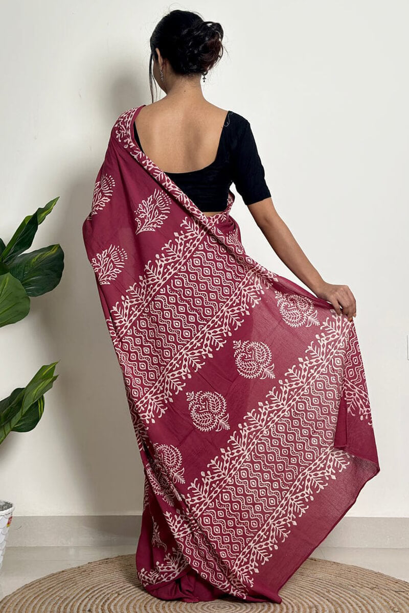 Snazzy 1 Minute Ready To Wear Wine Mul Cotton Digital Printed Saree With Pocket