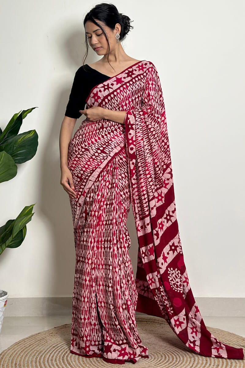 Winsome 1 Minute Ready To Wear Maroon Mul Cotton Digital Printed Saree With Pocket