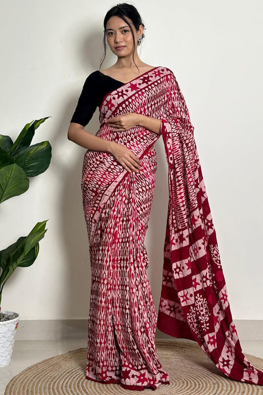Winsome 1 Minute Ready To Wear Maroon Mul Cotton Digital Printed Saree With Pocket
