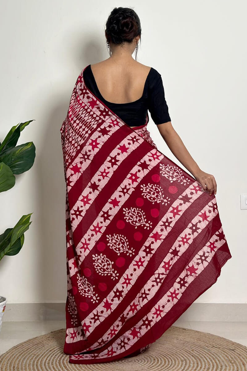 Winsome 1 Minute Ready To Wear Maroon Mul Cotton Digital Printed Saree With Pocket