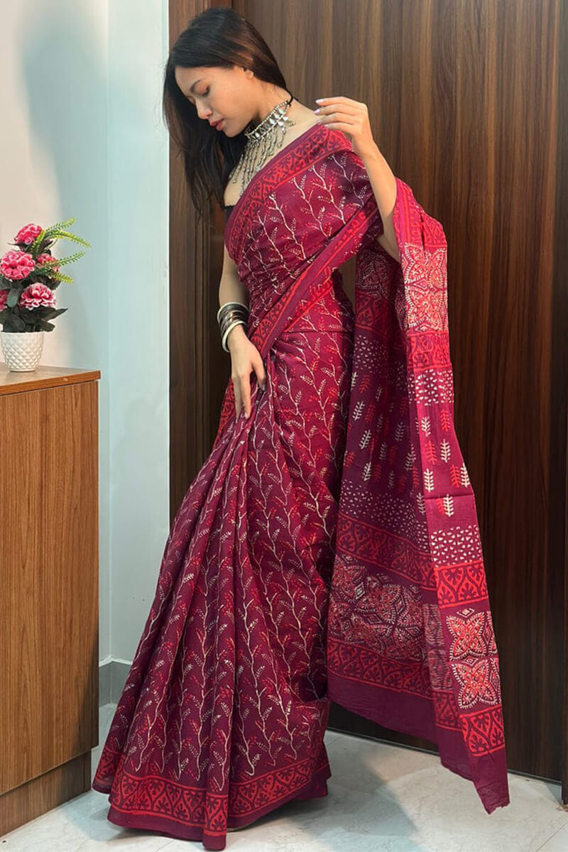 Rhapsody 1 Minute Ready To Wear Dark Pink Mul Cotton Digital Printed Saree With Pocket