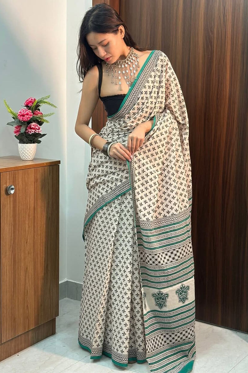 Delightful 1 Minute Ready To Wear off White Mul Cotton Digital Printed Saree With Pocket