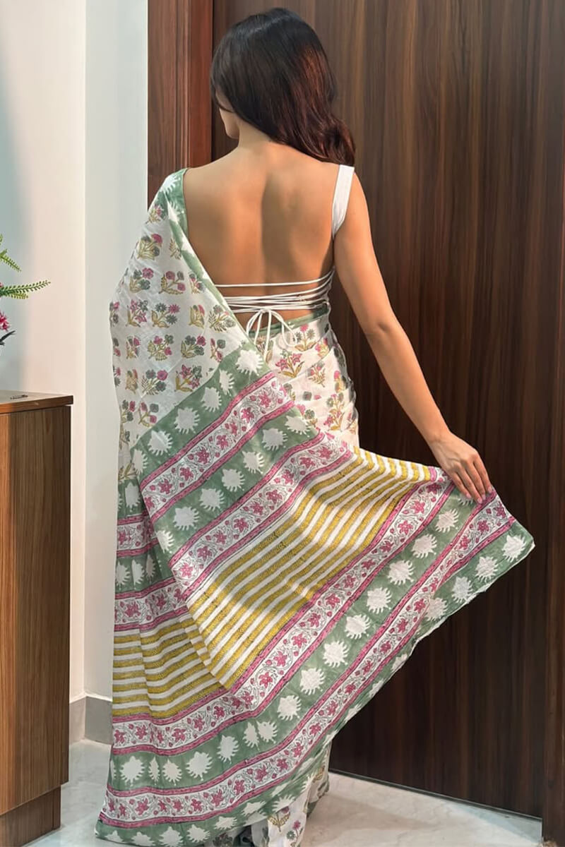 Comely 1 Minute Ready To Wear off White Mul Cotton Digital Printed Saree With Pocket