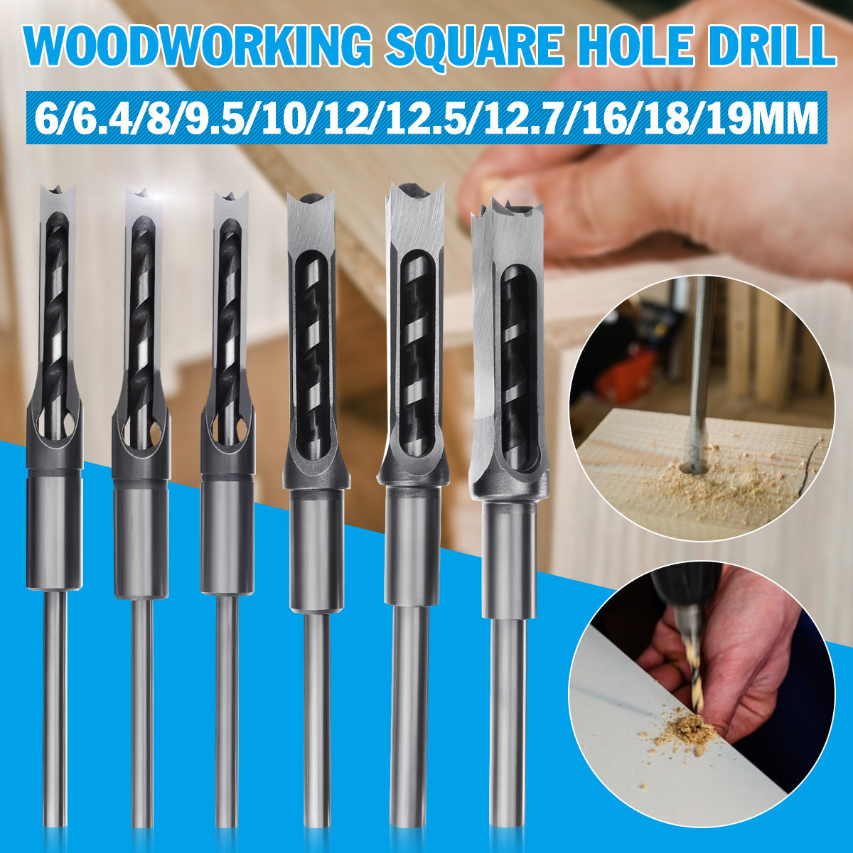6-Piece Premium Square Hole Drill Bit Set for Woodworking, Heavy Duty Bearing Steel