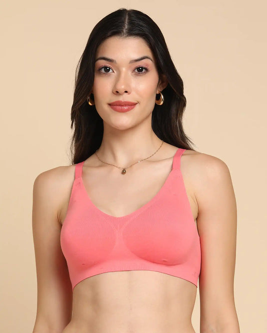 Lightly-Padded Cotton Spandex Fit Bra (CORAL)