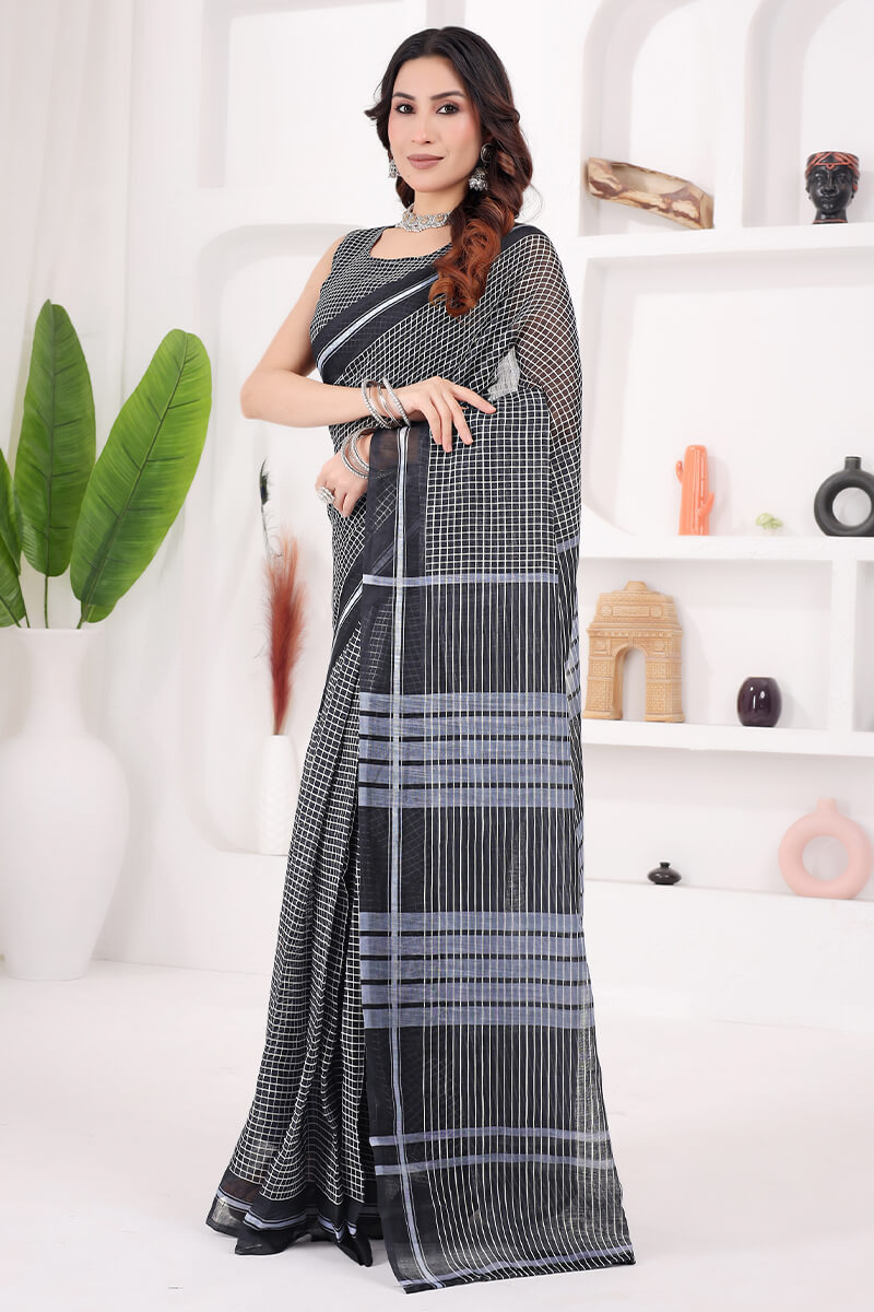 Beautiful 1-Minute Ready To Wear Black Cotton Saree