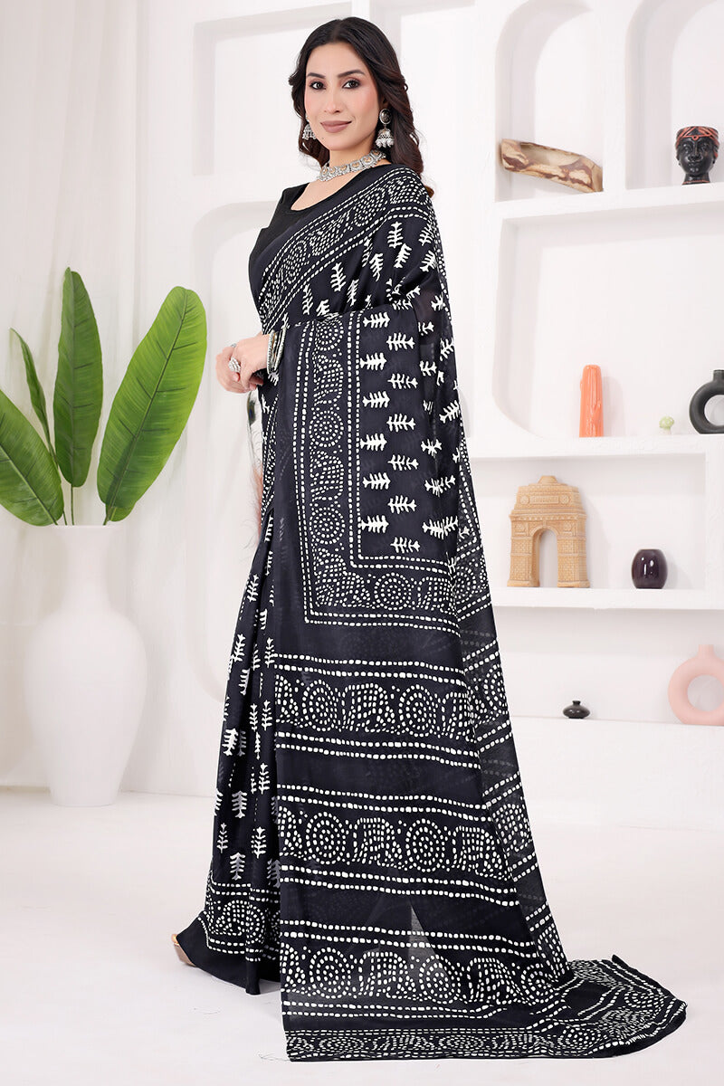Pretty 1 Minute Ready To Wear Black Mul Cotton Digital Printed Saree With Pocket