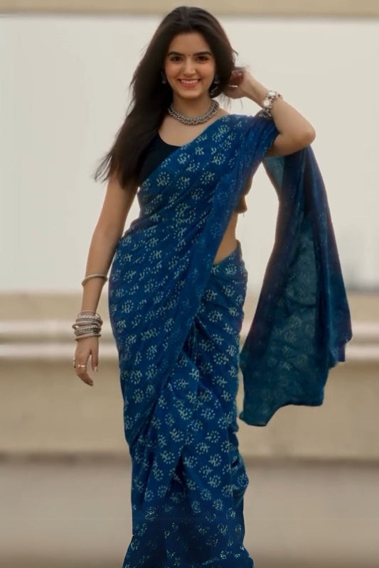 Desiring 1 Minute Ready To Wear Blue Mul Cotton Digital Printed Saree