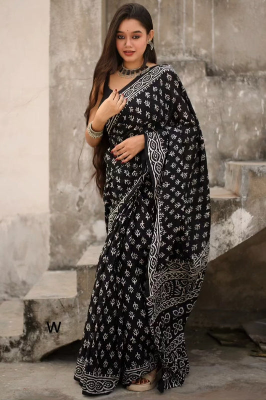 Ailurophile 1 Minute Ready To Wear Black Mul Cotton Digital Printed Saree