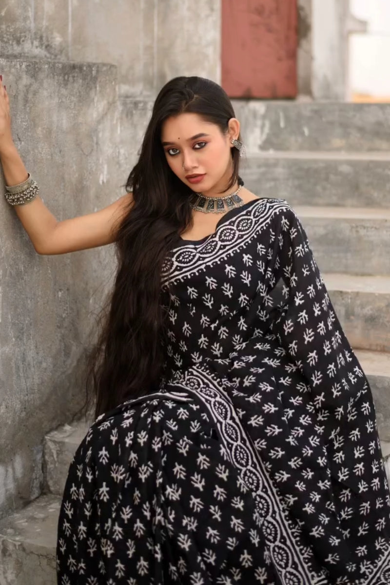 Ailurophile 1 Minute Ready To Wear Black Mul Cotton Digital Printed Saree