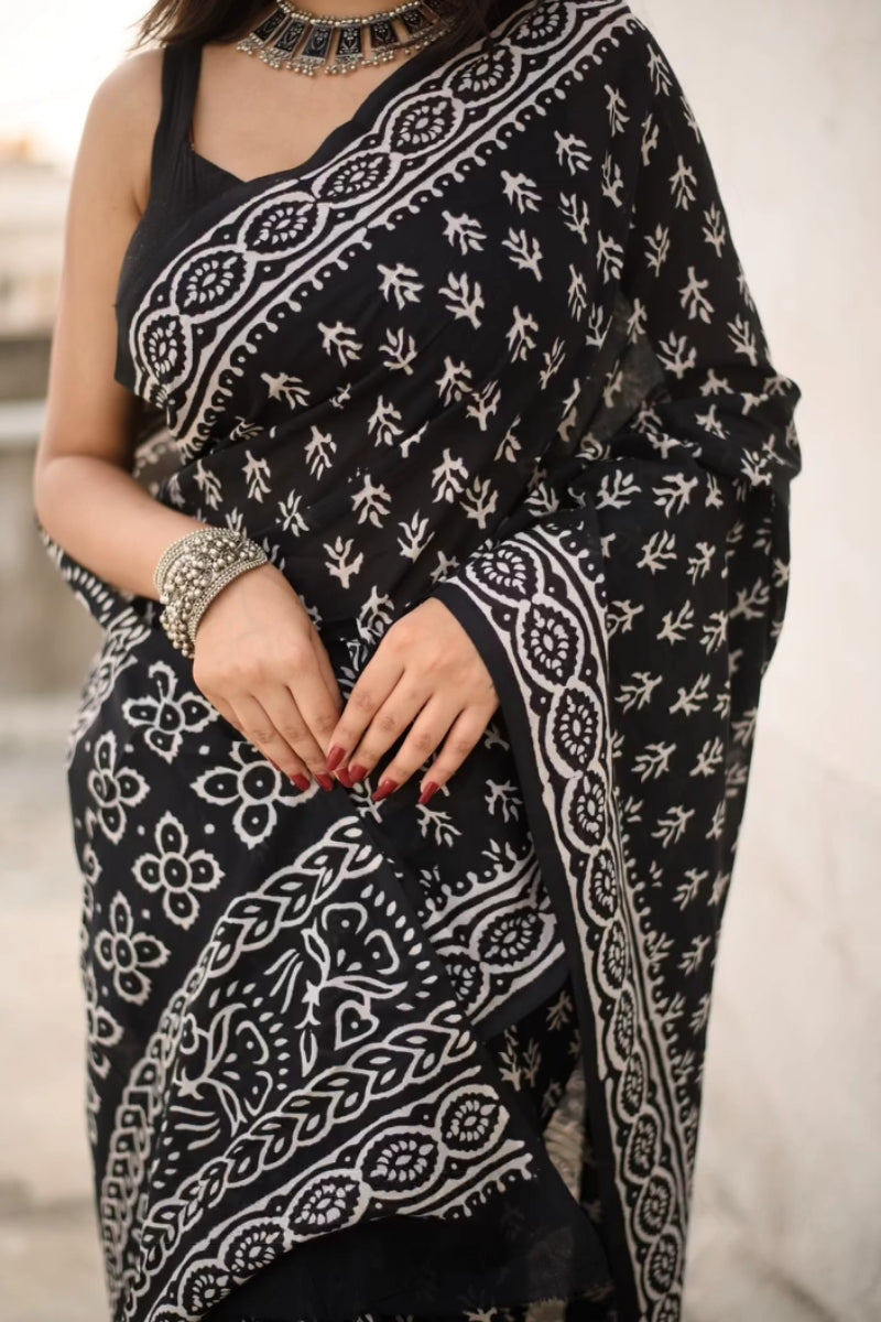 Ailurophile 1 Minute Ready To Wear Black Mul Cotton Digital Printed Saree