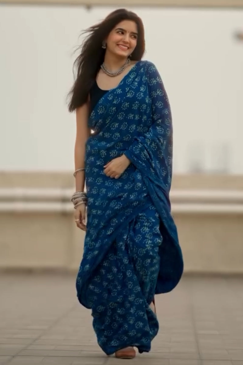 Desiring 1 Minute Ready To Wear Blue Mul Cotton Digital Printed Saree