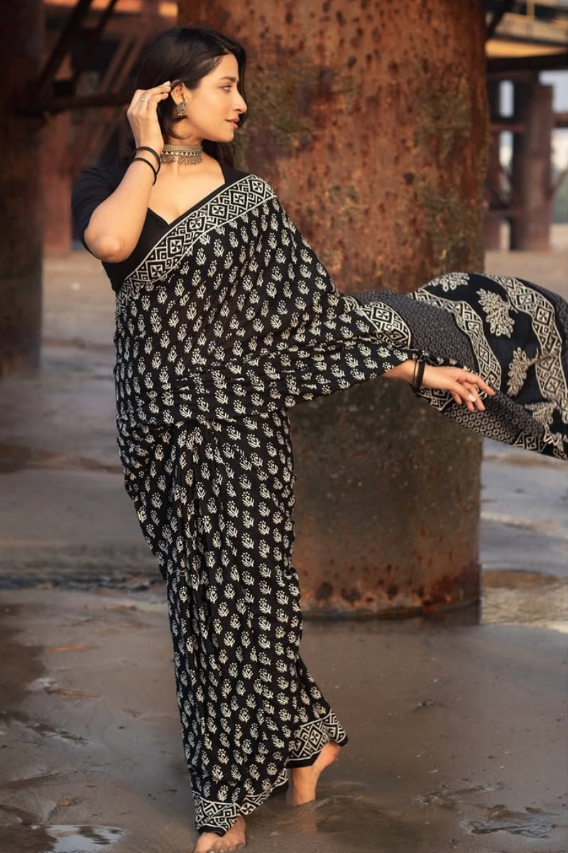 Excellent 1 Minute Ready To Wear Black Mul Cotton Digital Printed Saree