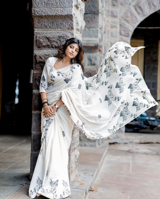 Piquant 1 Minute Ready To Wear Off White Mul Cotton Digital Printed Saree