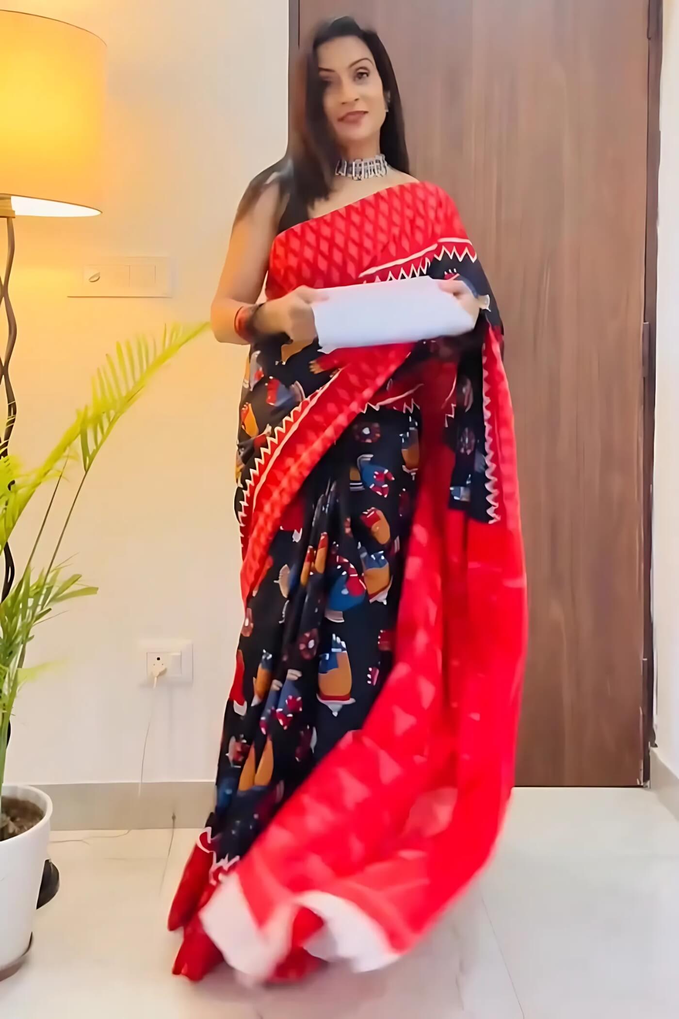 Gratifying 1 Minute Ready To Wear Black Mul Cotton Digital Printed Saree