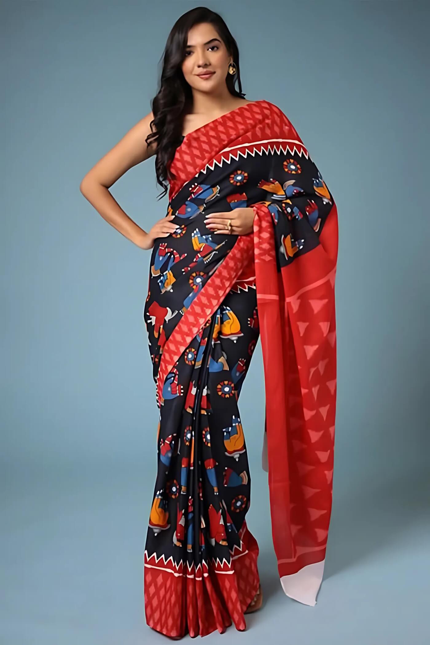 Gratifying 1 Minute Ready To Wear Black Mul Cotton Digital Printed Saree