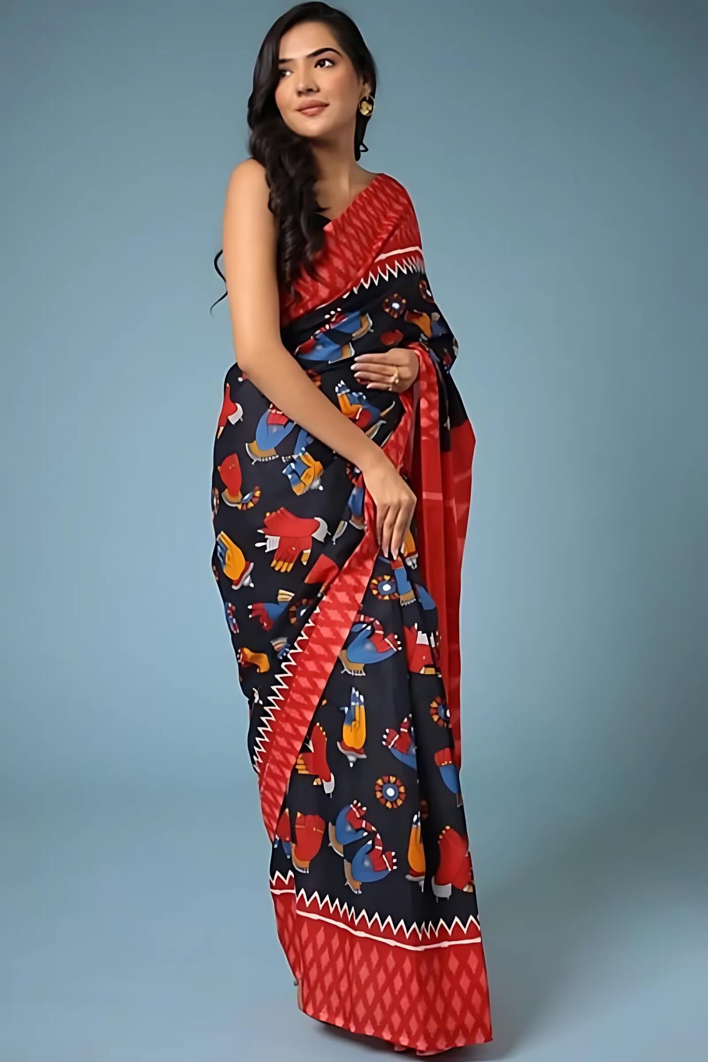 Gratifying 1 Minute Ready To Wear Black Mul Cotton Digital Printed Saree