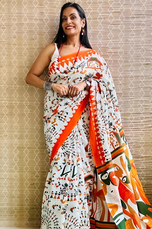 Imaginative 1 Minute Ready To Wear Off White Mul Cotton Digital Printed Saree