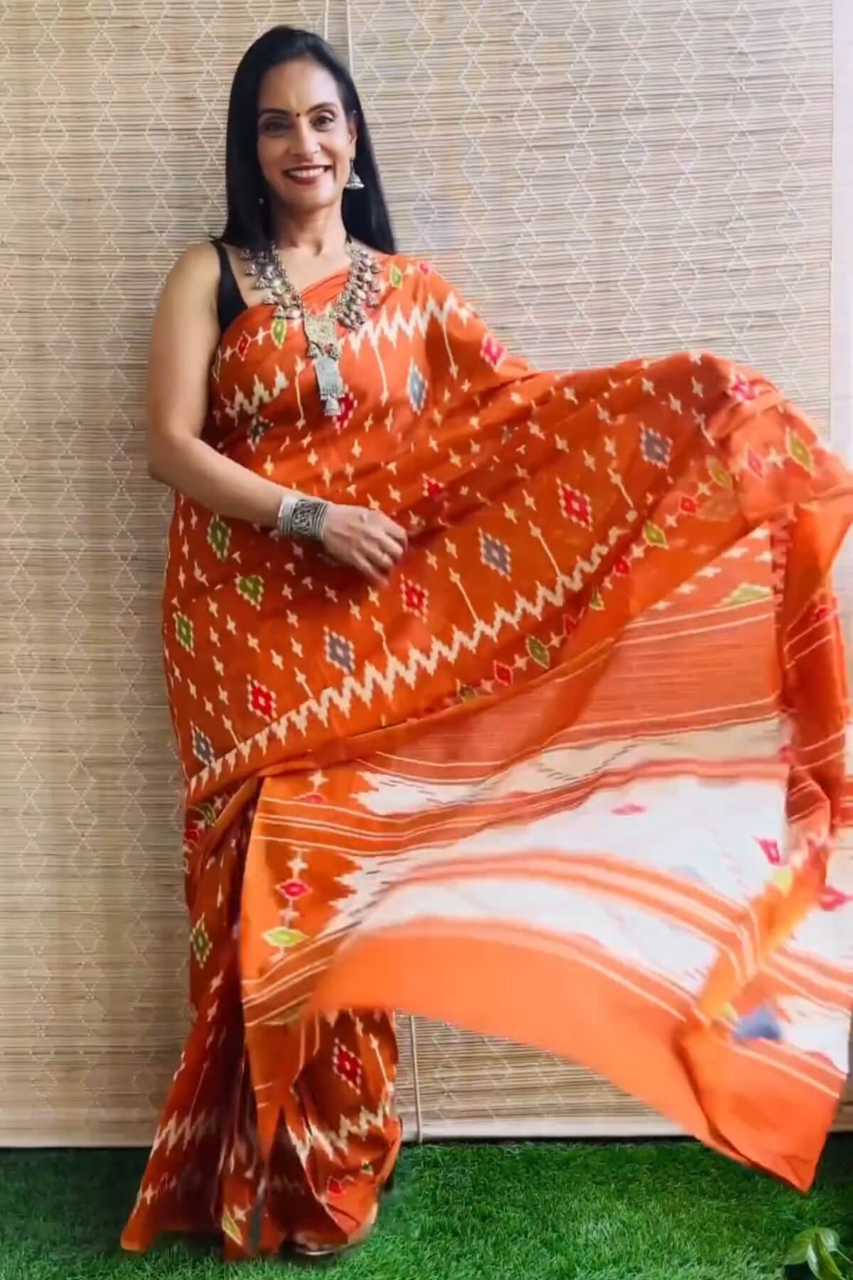 Assemblage 1 Minute Ready To Wear Orange Mul Cotton Digital Printed Saree