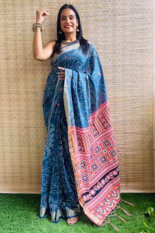 Aplomb 1 Minute Ready To Wear Blue Mul Cotton Digital Printed Saree