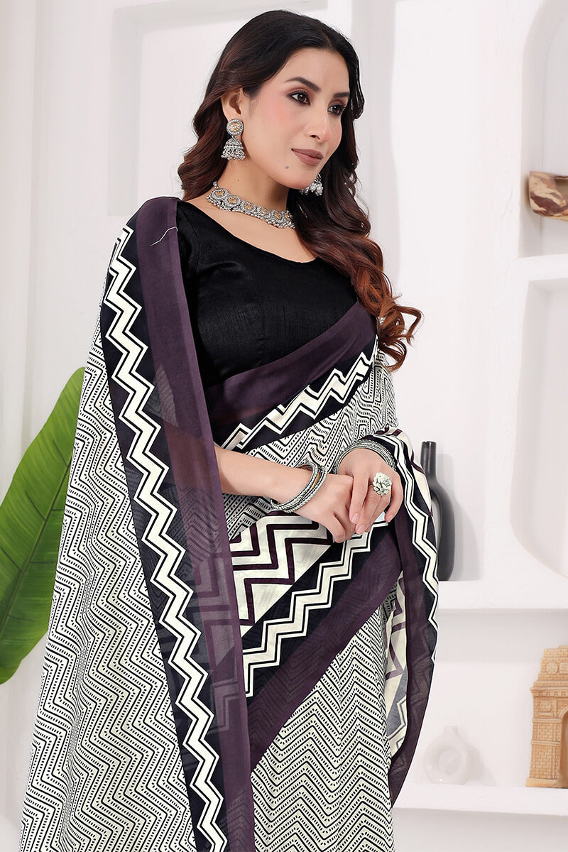 Amazing 1 Minute Ready To Wear Beige Mul Cotton Digital Printed Saree
