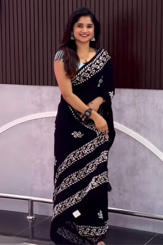 Cynosure 1 Minute Ready To Wear Black Mul Cotton Digital Printed Saree