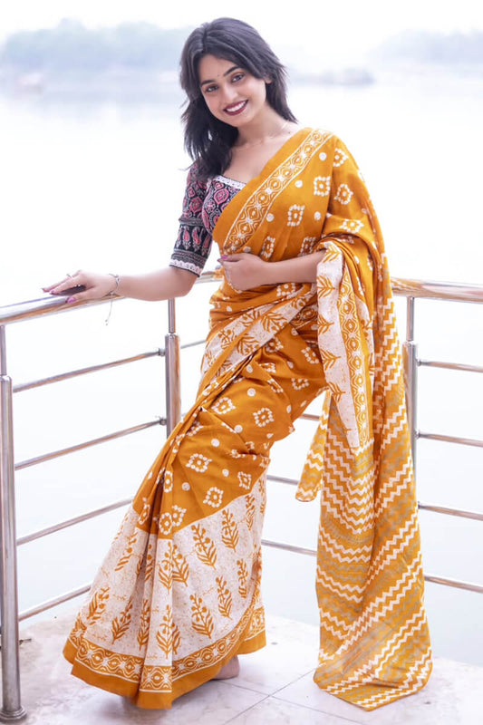 Cynosure 1 Minute Ready To Wear Mustard Mul Cotton Digital Printed Saree