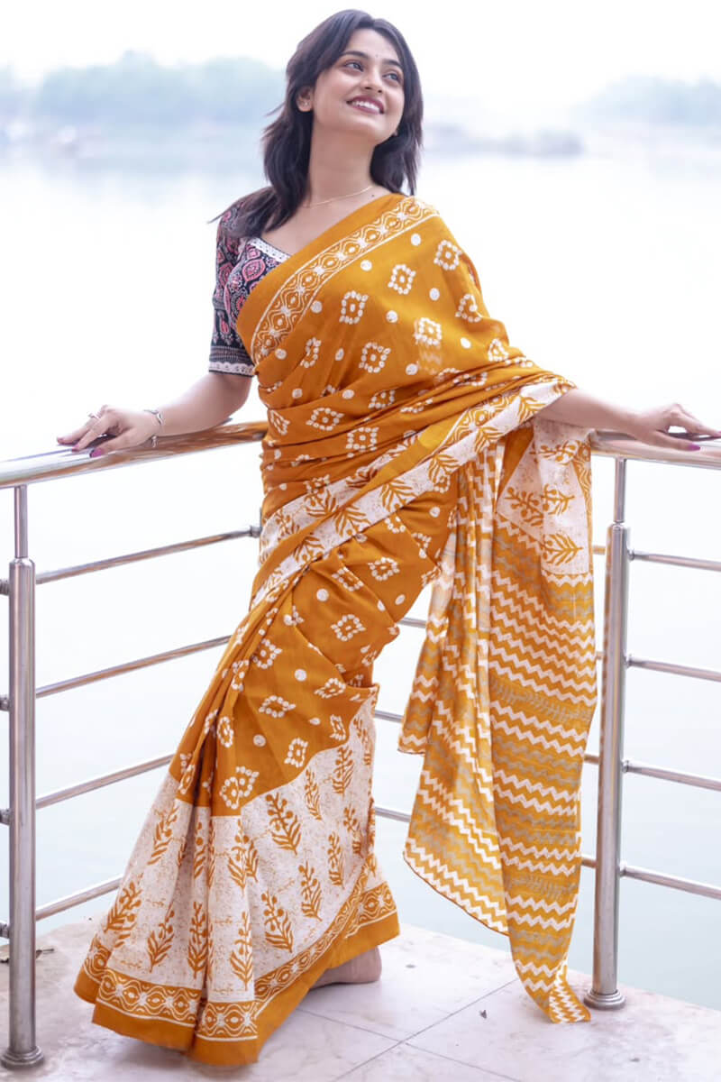 Cynosure 1 Minute Ready To Wear Mustard Mul Cotton Digital Printed Saree