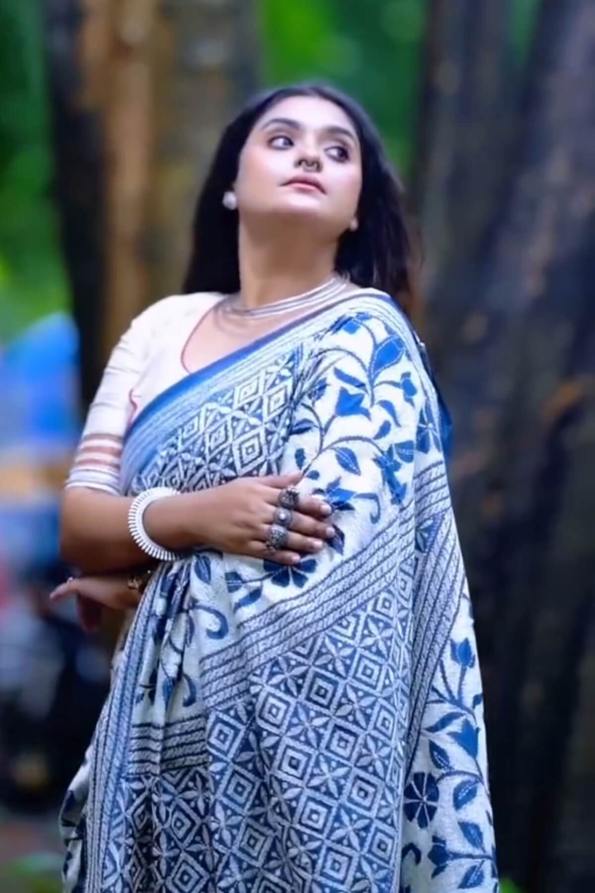 Nemesis 1 Minute Ready To Wear Beige And Blue Mul Cotton Digital Printed Saree