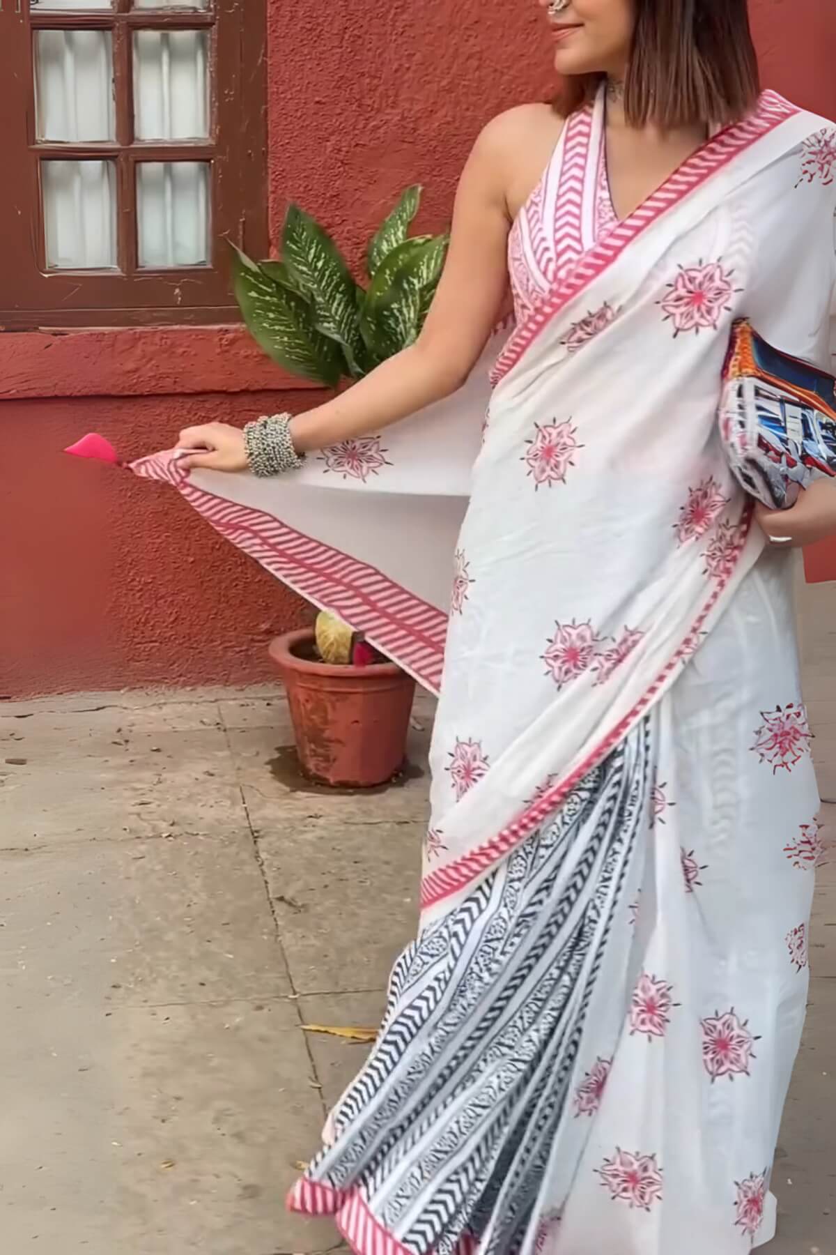 Adorning 1 Minute Ready To Wear Off White Mul Cotton Digital Printed Saree