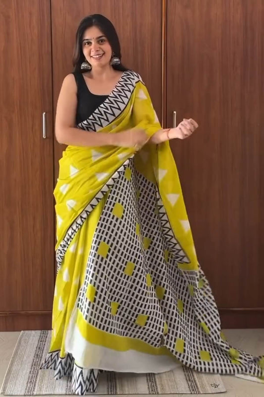Sumptuous 1 Minute Ready To Wear Mustard Mul Cotton Digital Printed Saree
