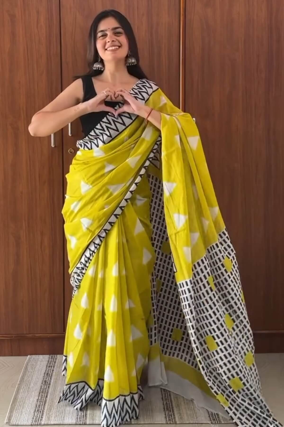 Sumptuous 1 Minute Ready To Wear Mustard Mul Cotton Digital Printed Saree