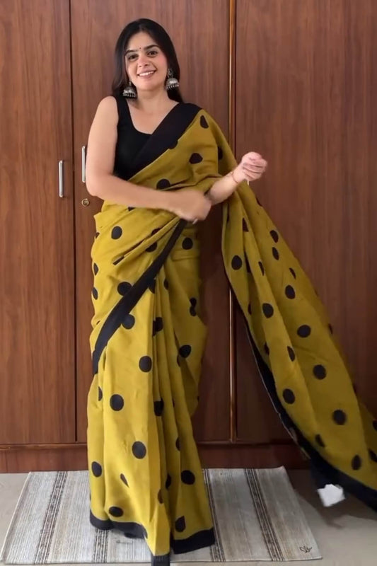 Radiant 1 Minute Ready To Wear Mustard Mul Cotton Digital Printed Saree