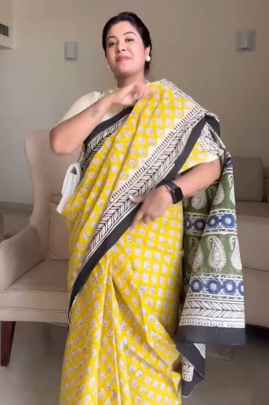Groovy 1 Minute Ready To Wear Yellow Mul Cotton Digital Printed Saree